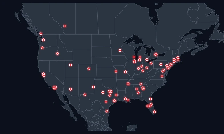 Anonymized historical pallet-labeling project locations across the United States and Canada
